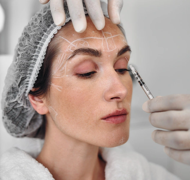 Pre-Botox image of a woman with facial markings drawn by a doctor, indicating targeted areas for wrinkle reduction and treatment. The markings highlight common injection sites on the forehead, around the eyes, and between the eyebrows for a personalized Botox procedure.