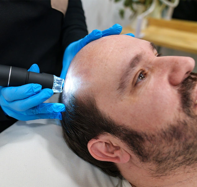 Image of a man having his scalp analyzed before an FUE Hair Transplant, with a specialist examining the hair follicles to determine the best areas for transplant.