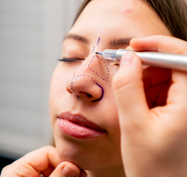 Close-up of a young woman with markings on her nose, preparing for non-surgical rhinoplasty.