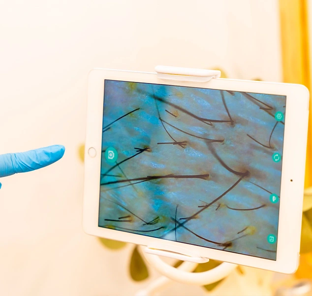 Examining hair follicles visible on a screen.