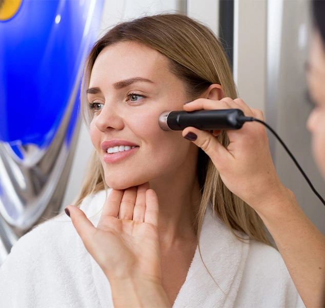 Image of a woman having her face analyzed with a specialized tool before treatment, The device is being used to assess her skin condition.