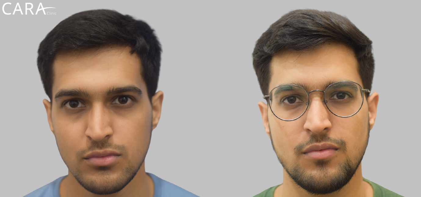 Before and after image of male hair loss treatment showing significant hair restoration results after FUE hair transplant at Cara Clinic.